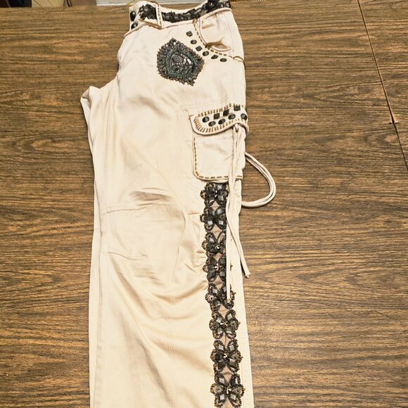 SPICE & ROSES Women's Beaded Drawstring 100% Cotton Cargo Pants - Beige - 12/14 - Picture 9 of 15